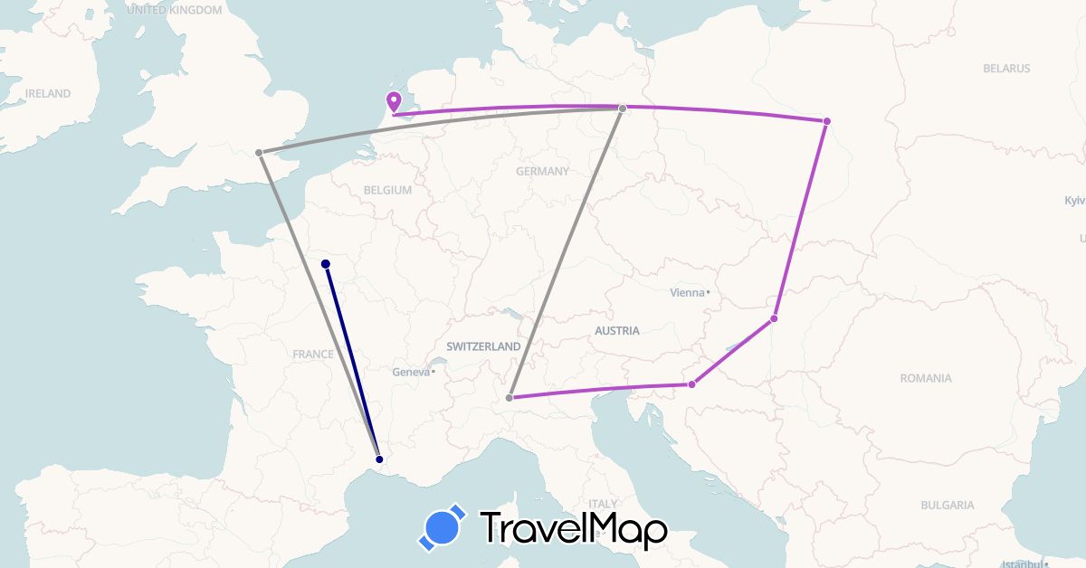 TravelMap itinerary: driving, plane, train in Germany, France, United Kingdom, Croatia, Hungary, Italy, Netherlands, Poland (Europe)